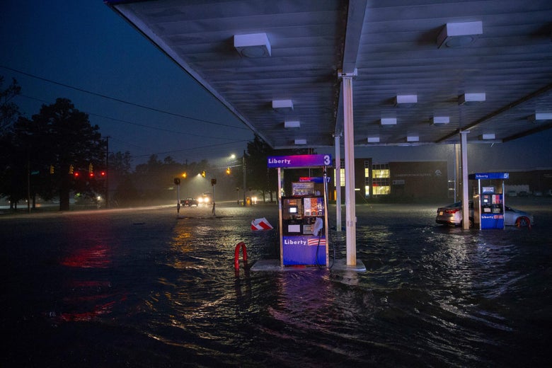 Rising floodwaters overtake a gas station in Lumberton, North Carolina, in the wake of Hurricane Florence.